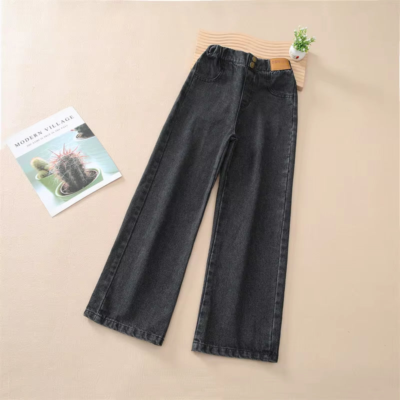 Teenage Girls Retro Jeans Spring Autumn Casual Fashion Kids Wide Leg Straight Jeans Pants School Children Denim Trousers 5-14Y
