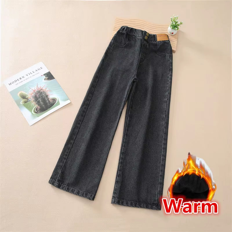Teenage Girls Retro Jeans Spring Autumn Casual Fashion Kids Wide Leg Straight Jeans Pants School Children Denim Trousers 5-14Y
