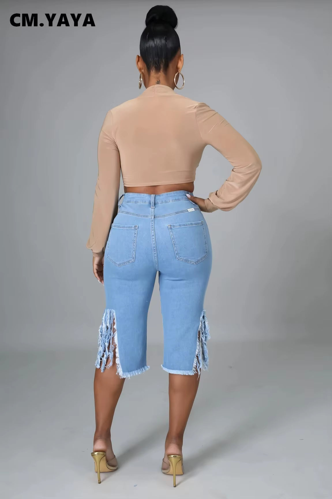 Women Jeans Hole Ripped Tassle Low Waist Elastic Flare Knee Length Denim Pants Sexy Fashion High Street Trousers 2021
