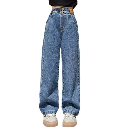 Teenage Girls Retro Jeans Spring Autumn Casual Fashion Kids Wide Leg Straight Jeans Pants School Children Denim Trousers 5-14Y
