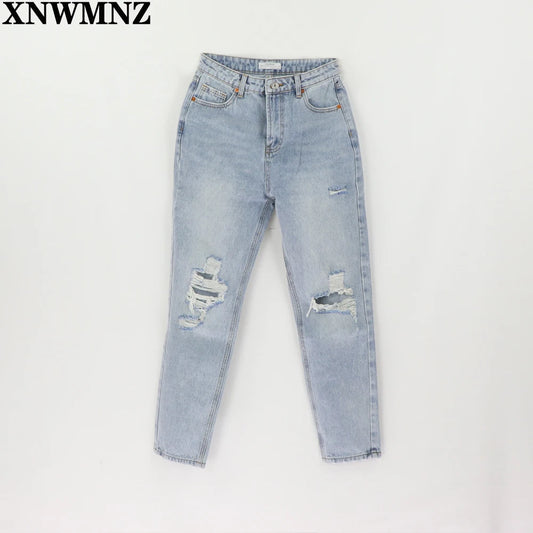 Vintage Mom Jeans High Waisted Jeans Woman Ripped Boyfriend Jeans for Women Korean Style Distressed Jeans Blue Denim Pants
