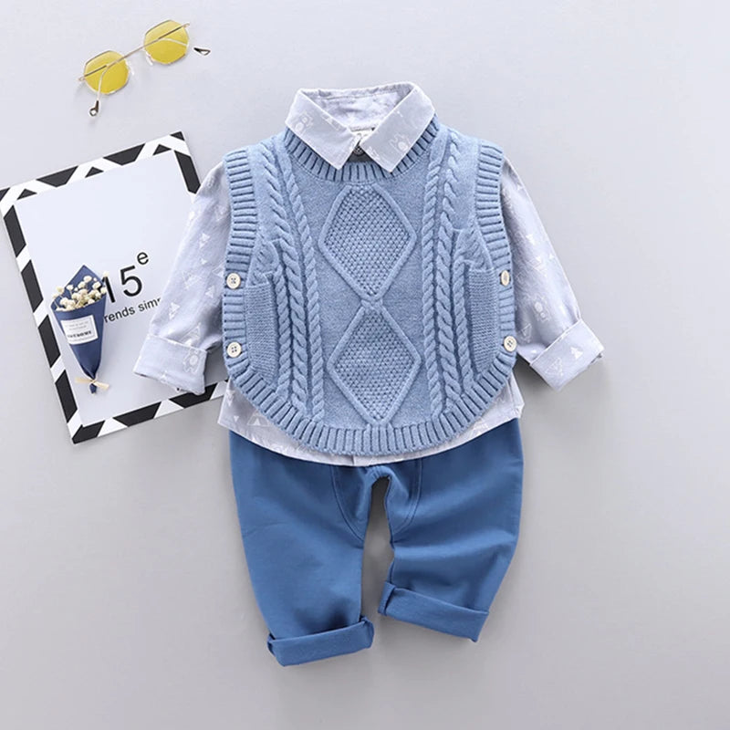 Spring Autumn Fashion Kids 3Pcs Gentleman Outfits Sweater Vest + Shirt + Pants Children Clothing Sets Cotton Toddler Boy Clothes