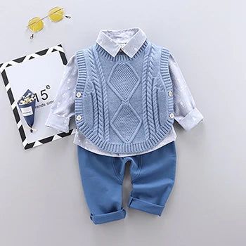 Spring Autumn Fashion Kids 3Pcs Gentleman Outfits Sweater Vest + Shirt + Pants Children Clothing Sets Cotton Toddler Boy Clothes