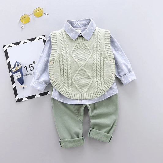 Spring Autumn Fashion Kids 3Pcs Gentleman Outfits Sweater Vest + Shirt + Pants Children Clothing Sets Cotton Toddler Boy Clothes
