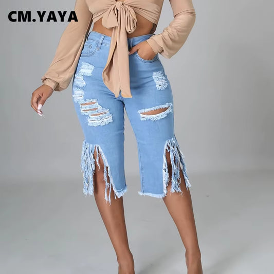 Women Jeans Hole Ripped Tassle Low Waist Elastic Flare Knee Length Denim Pants Sexy Fashion High Street Trousers 2021