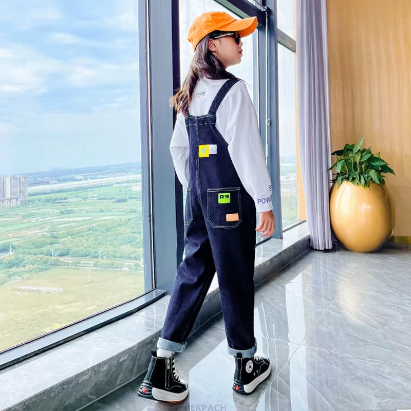 New Design Kids Denim Patchwork Overalls for Girl Casual Jeans Suspenders with Strap Teen Child Vintage Dark Blue Jeans Jumpsuit