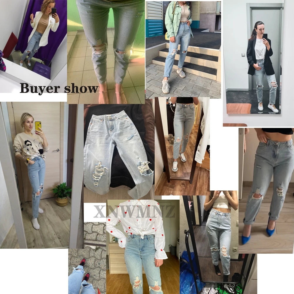 Vintage Mom Jeans High Waisted Jeans Woman Ripped Boyfriend Jeans for Women Korean Style Distressed Jeans Blue Denim Pants