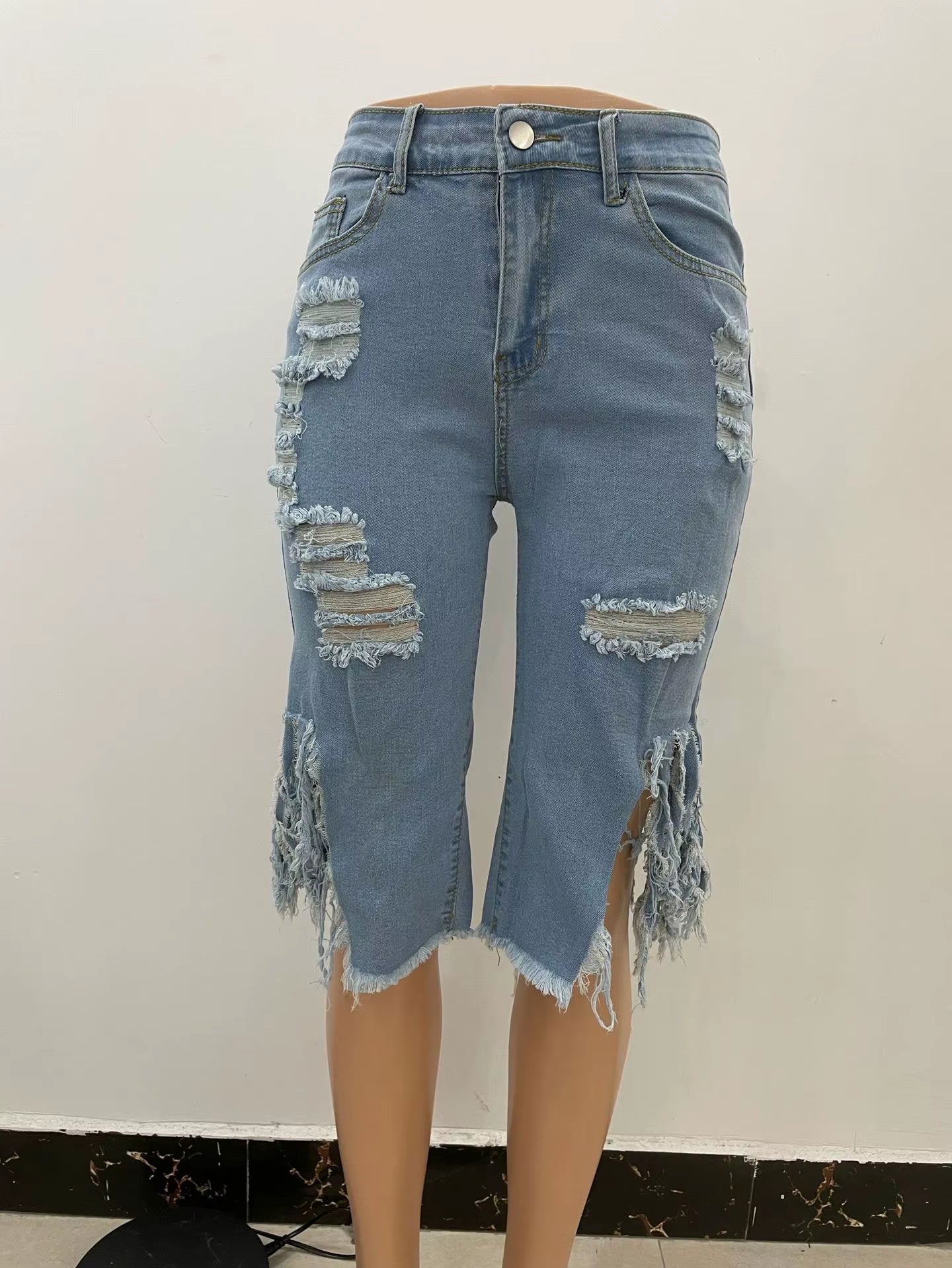 Women Jeans Hole Ripped Tassle Low Waist Elastic Flare Knee Length Denim Pants Sexy Fashion High Street Trousers 2021