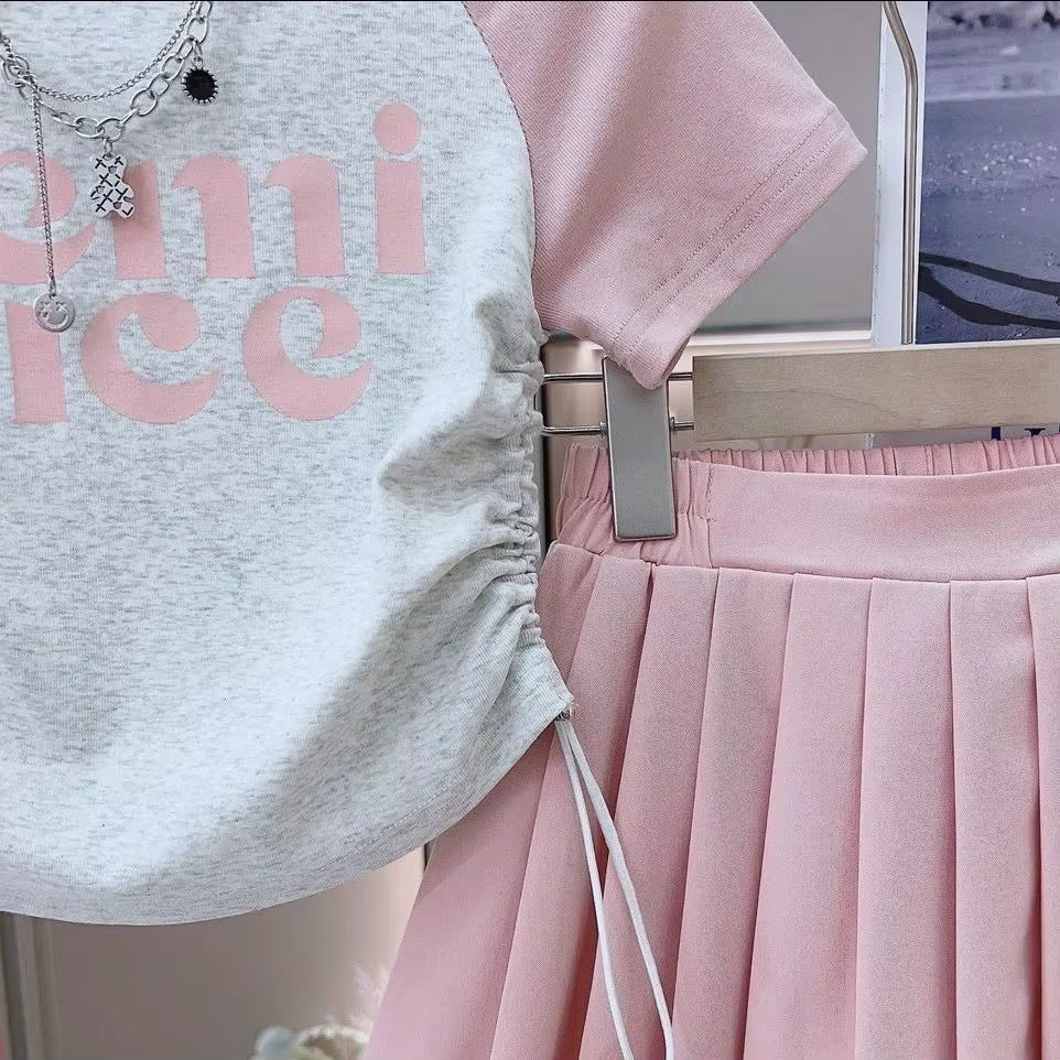 Kids Girls Short Sleeves Top Pleated Skirt 2-Piece Suits Children Letter Print Clothes Casual Sets Teens Summer T-Shirt Outfits