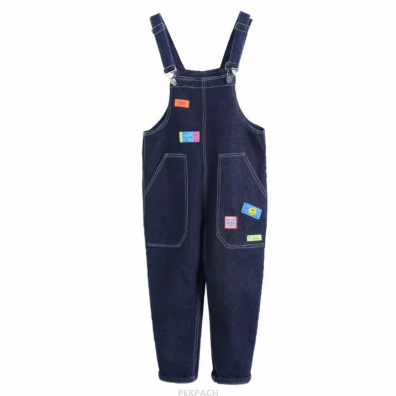 New Design Kids Denim Patchwork Overalls for Girl Casual Jeans Suspenders with Strap Teen Child Vintage Dark Blue Jeans Jumpsuit