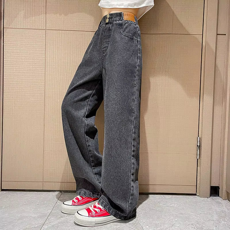 Teenage Girls Retro Jeans Spring Autumn Casual Fashion Kids Wide Leg Straight Jeans Pants School Children Denim Trousers 5-14Y