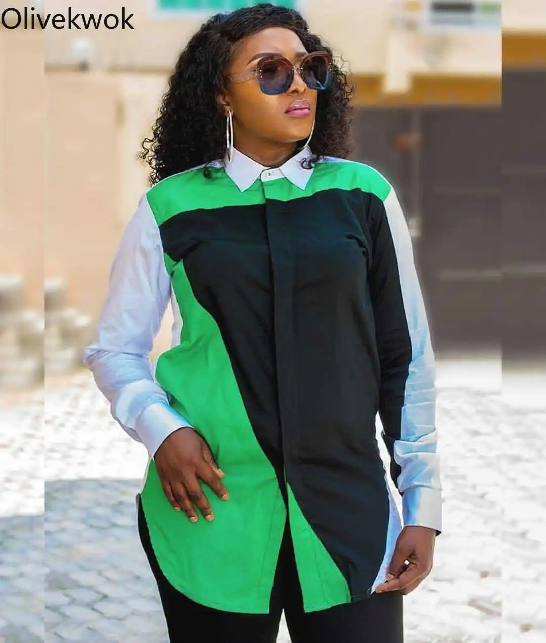 Olivekwok 2021 Woman Fashion Patchwork Shirts Long Sleeve Turn-Down Collar Streetwear Autumn Solid Woman Tops