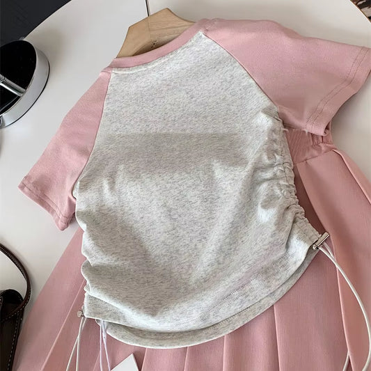 Kids Girls Short Sleeves Top Pleated Skirt 2-Piece Suits Children Letter Print Clothes Casual Sets Teens Summer T-Shirt Outfits