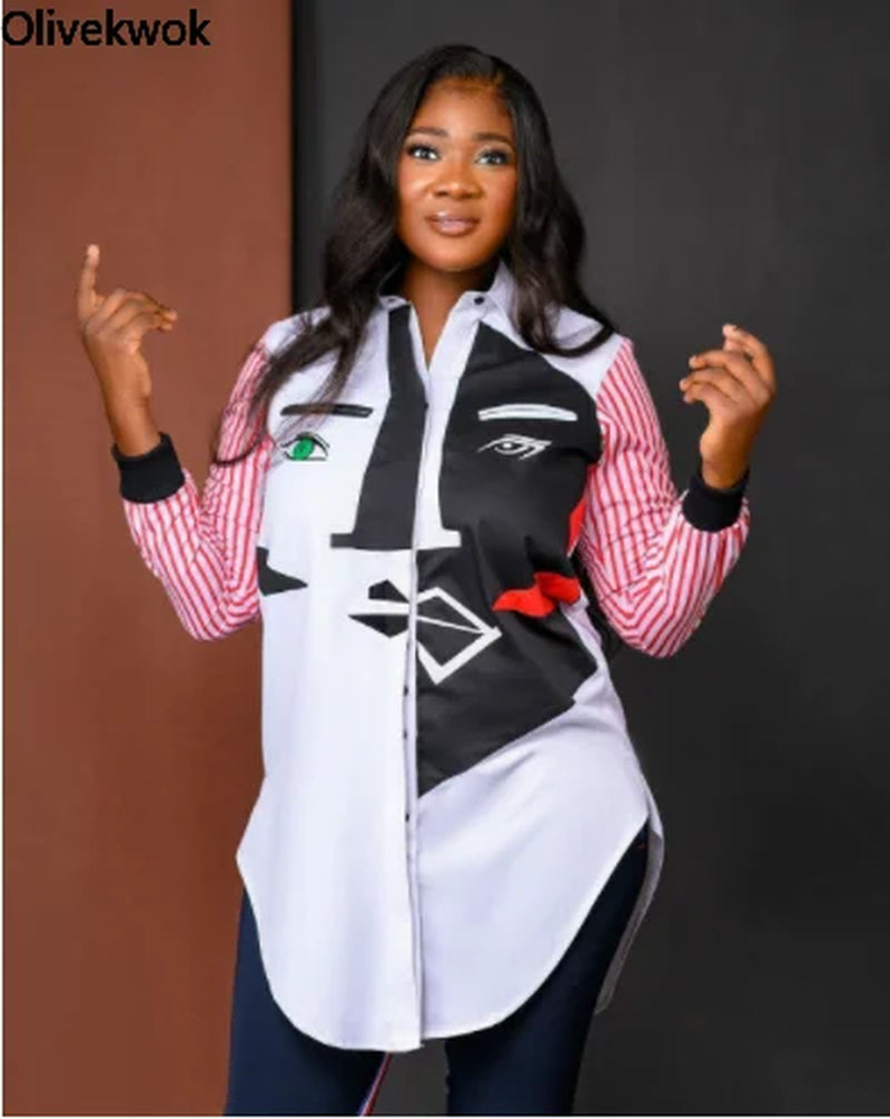 Olivekwok 2021 Woman Fashion Patchwork Shirts Long Sleeve Turn-Down Collar Streetwear Autumn Solid Woman Tops