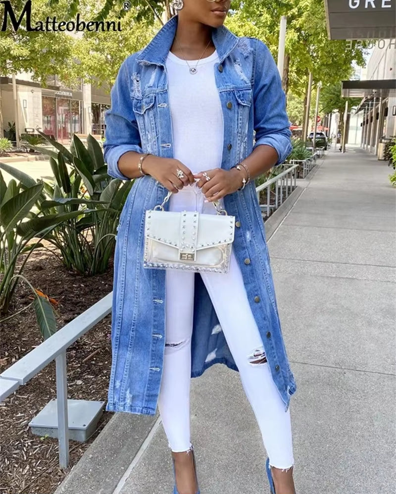 New Fashions Autumn Women Sexy Ripped Denim Jackets 2024 Vintage Casual Long Jean Jacket Winter Female Sleeve Coat Streetwear