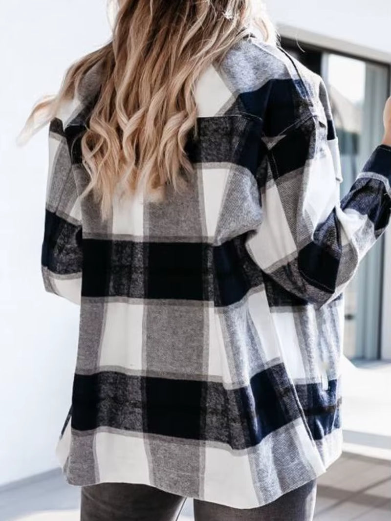 Shirts for Women Plaid Long Sleeve Button up Shirt Collared Tops and Blouse 2024 Autumn Spring Fashion Loose Casual Black White