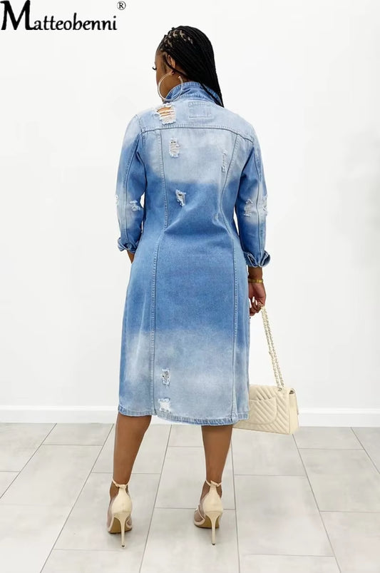 New Fashions Autumn Women Sexy Ripped Denim Jackets 2024 Vintage Casual Long Jean Jacket Winter Female Sleeve Coat Streetwear