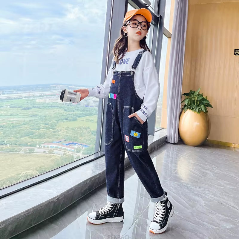 New Design Kids Denim Patchwork Overalls for Girl Casual Jeans Suspenders with Strap Teen Child Vintage Dark Blue Jeans Jumpsuit