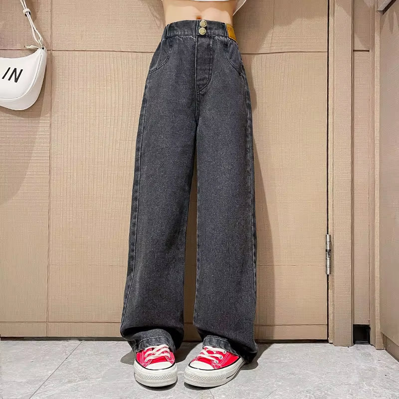 Teenage Girls Retro Jeans Spring Autumn Casual Fashion Kids Wide Leg Straight Jeans Pants School Children Denim Trousers 5-14Y