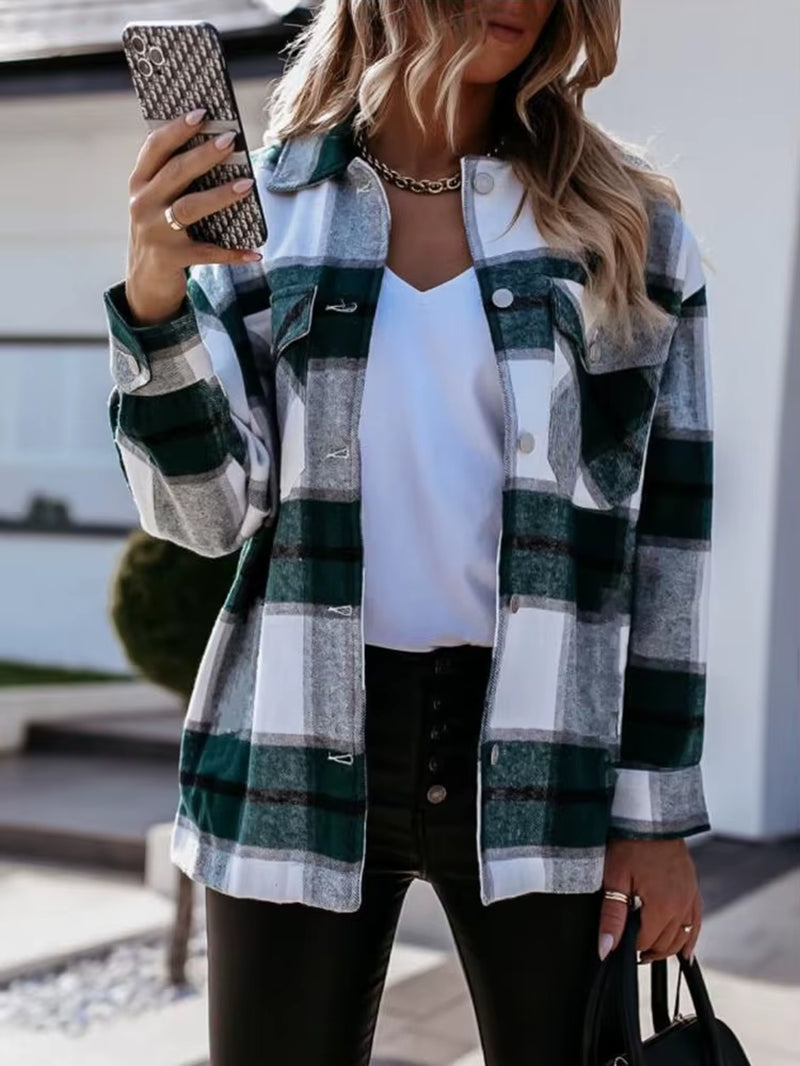 Shirts for Women Plaid Long Sleeve Button up Shirt Collared Tops and Blouse 2024 Autumn Spring Fashion Loose Casual Black White