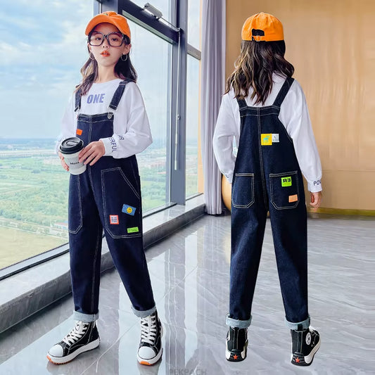 New Design Kids Denim Patchwork Overalls for Girl Casual Jeans Suspenders with Strap Teen Child Vintage Dark Blue Jeans Jumpsuit