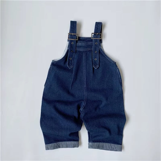 Boys Girls Denim Jumpsuit Blue Loose Wide Leg Suspender Jeans Spring Autumn Casual Overalls Children Casual Romper Pants