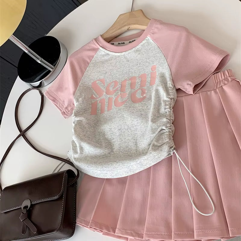 Kids Girls Short Sleeves Top Pleated Skirt 2-Piece Suits Children Letter Print Clothes Casual Sets Teens Summer T-Shirt Outfits
