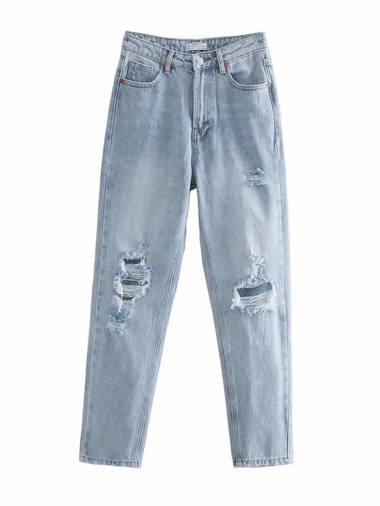 Vintage Mom Jeans High Waisted Jeans Woman Ripped Boyfriend Jeans for Women Korean Style Distressed Jeans Blue Denim Pants