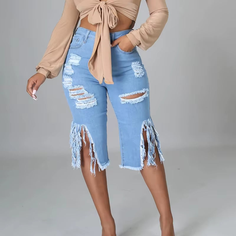 Women Jeans Hole Ripped Tassle Low Waist Elastic Flare Knee Length Denim Pants Sexy Fashion High Street Trousers 2021