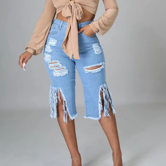 Women Jeans Hole Ripped Tassle Low Waist Elastic Flare Knee Length Denim Pants Sexy Fashion High Street Trousers 2021