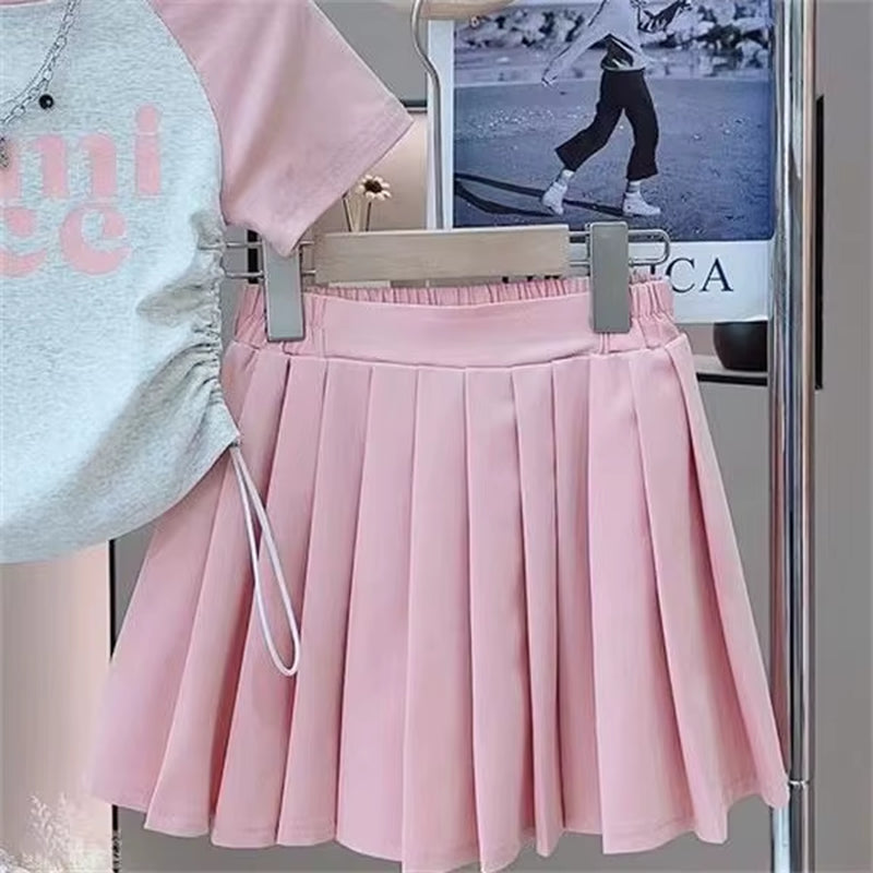 Kids Girls Short Sleeves Top Pleated Skirt 2-Piece Suits Children Letter Print Clothes Casual Sets Teens Summer T-Shirt Outfits