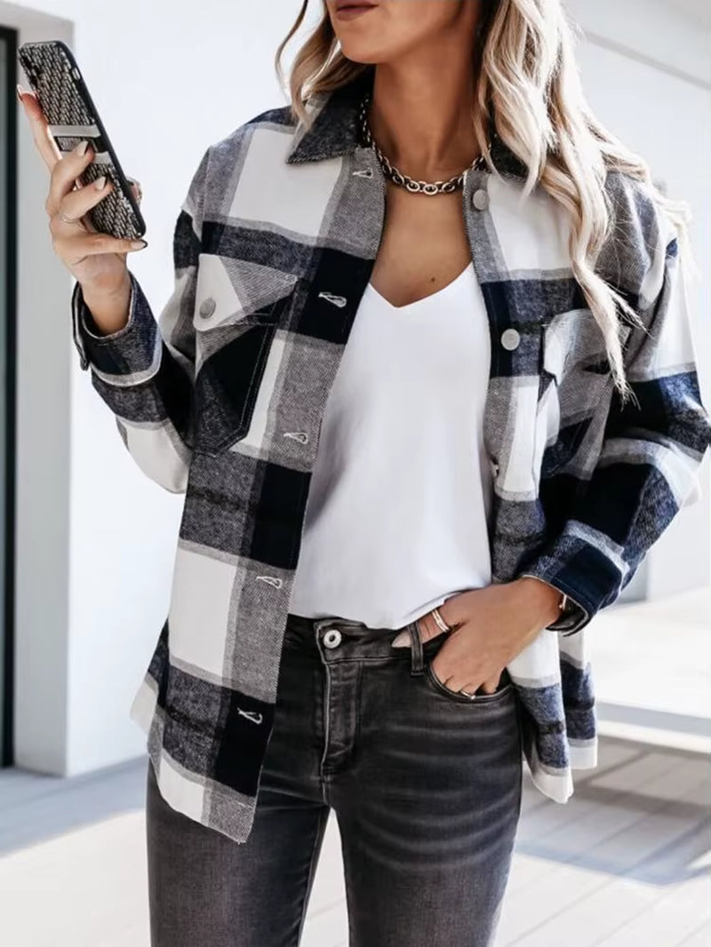 Shirts for Women Plaid Long Sleeve Button up Shirt Collared Tops and Blouse 2024 Autumn Spring Fashion Loose Casual Black White