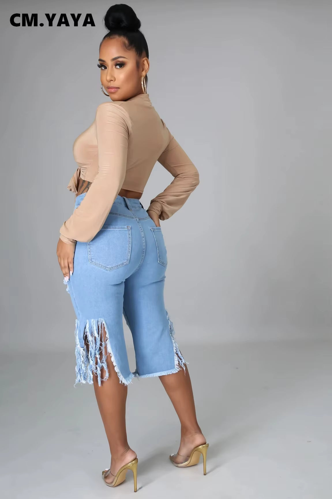 Women Jeans Hole Ripped Tassle Low Waist Elastic Flare Knee Length Denim Pants Sexy Fashion High Street Trousers 2021