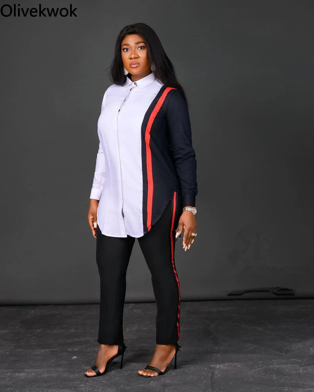 Olivekwok 2021 Woman Fashion Patchwork Shirts Long Sleeve Turn-Down Collar Streetwear Autumn Solid Woman Tops