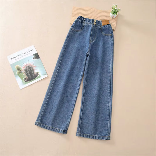 Teenage Girls Retro Jeans Spring Autumn Casual Fashion Kids Wide Leg Straight Jeans Pants School Children Denim Trousers 5-14Y