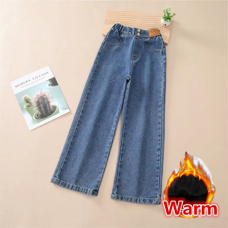 Teenage Girls Retro Jeans Spring Autumn Casual Fashion Kids Wide Leg Straight Jeans Pants School Children Denim Trousers 5-14Y
