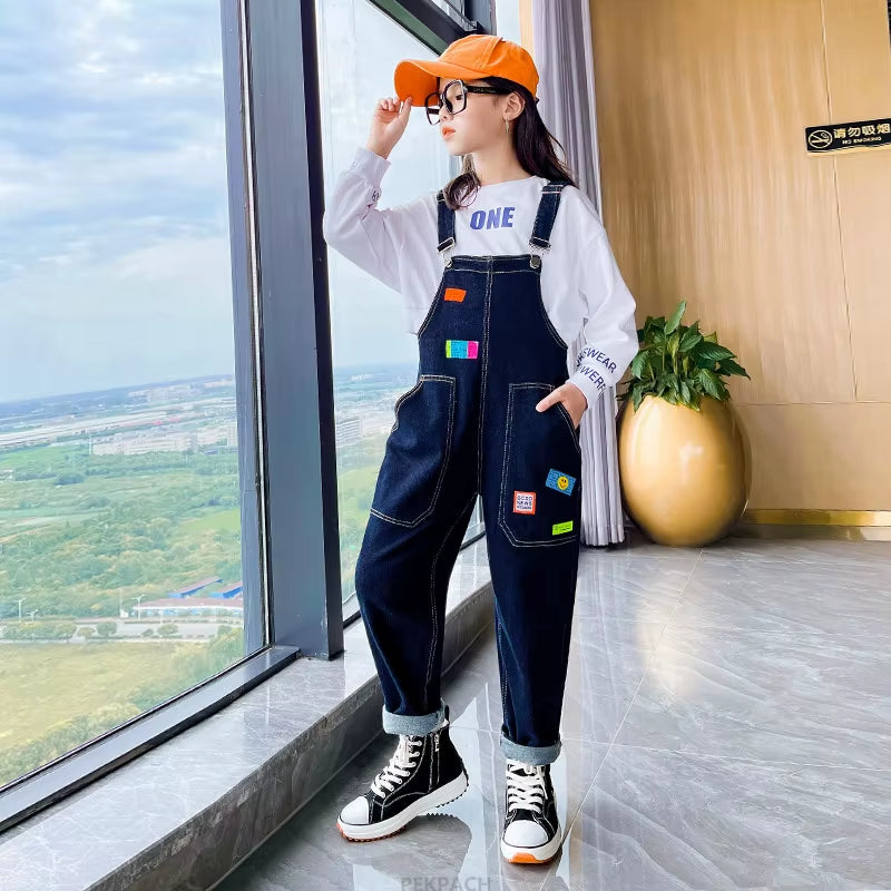 New Design Kids Denim Patchwork Overalls for Girl Casual Jeans Suspenders with Strap Teen Child Vintage Dark Blue Jeans Jumpsuit