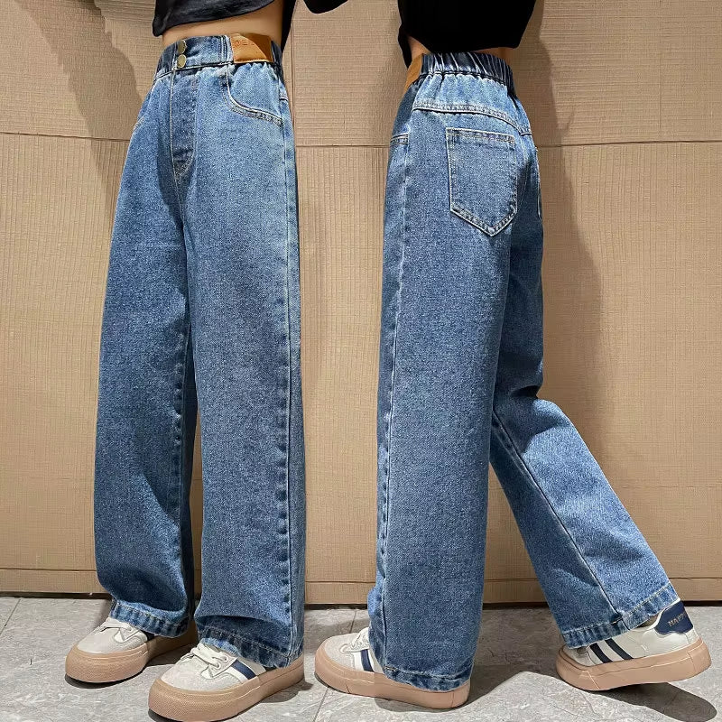 Teenage Girls Retro Jeans Spring Autumn Casual Fashion Kids Wide Leg Straight Jeans Pants School Children Denim Trousers 5-14Y