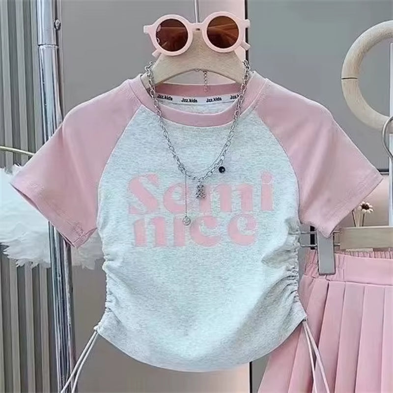 Kids Girls Short Sleeves Top Pleated Skirt 2-Piece Suits Children Letter Print Clothes Casual Sets Teens Summer T-Shirt Outfits