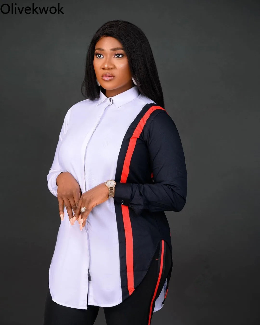 Olivekwok 2021 Woman Fashion Patchwork Shirts Long Sleeve Turn-Down Collar Streetwear Autumn Solid Woman Tops