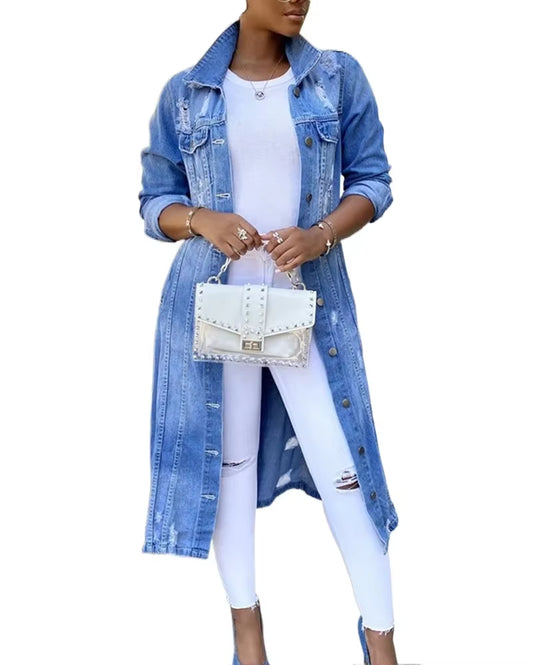 New Fashions Autumn Women Sexy Ripped Denim Jackets 2024 Vintage Casual Long Jean Jacket Winter Female Sleeve Coat Streetwear